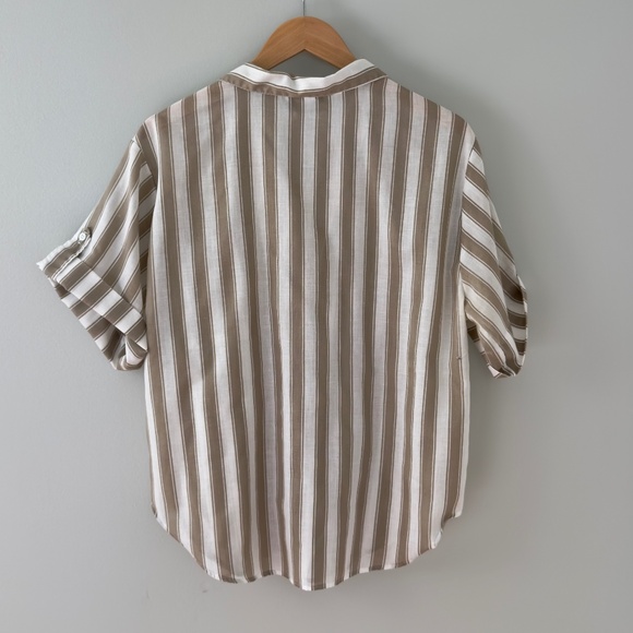 Oak Hill Vintage Beige/White Striped Short Sleeve Button Up Shirt - Picture 7 of 11